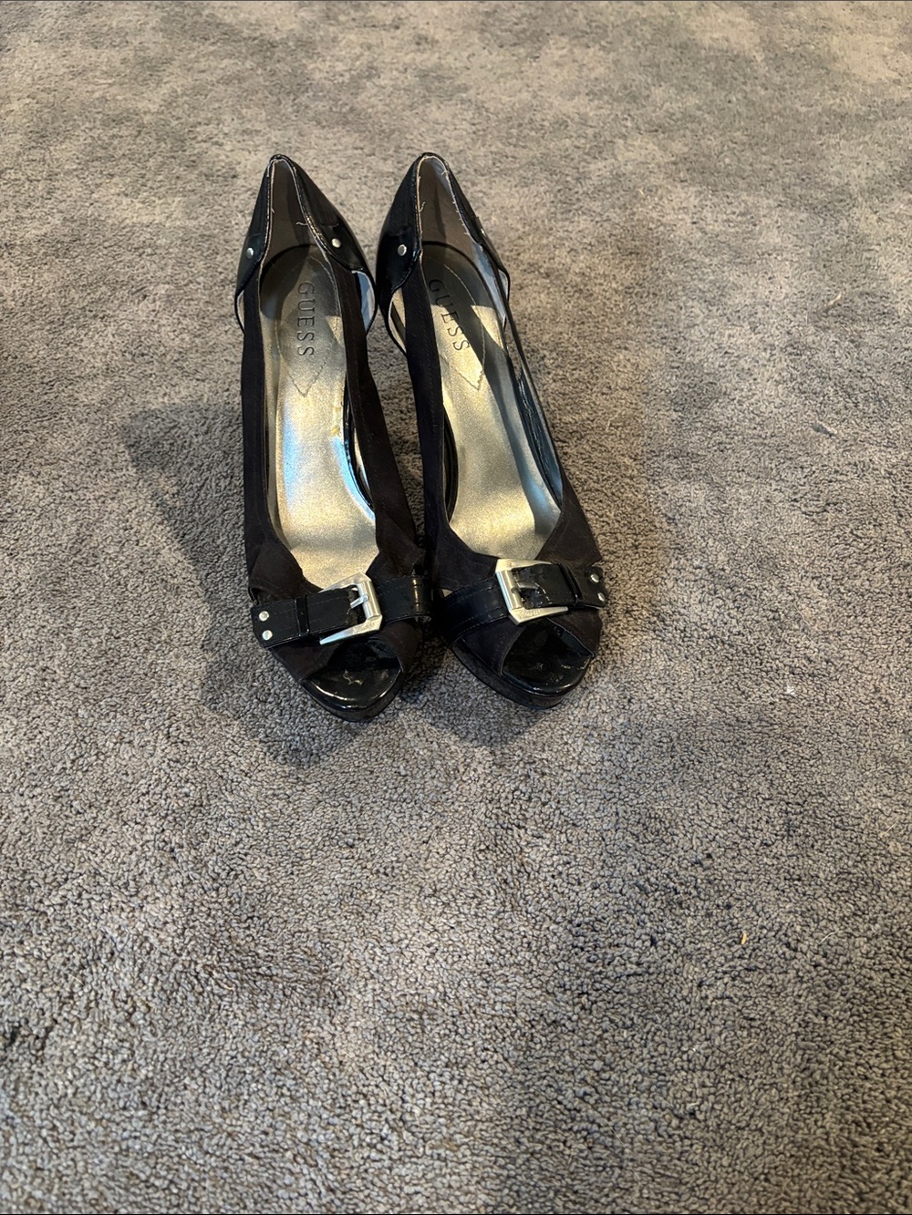 GUESS Black Peep Toe Buckle Heels with Silver Accents